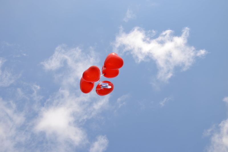birthday, day, float, balloons, freedom, sky, blue sky, romance, red balloons, nature, romantic, air, helium, upgrade, colorful, mid-air, blue, heart, outdoors