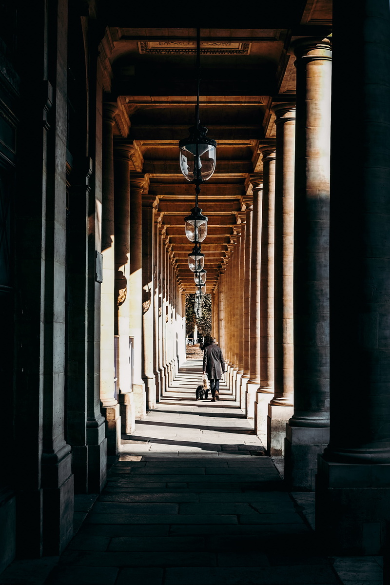 buren, direction, palais royal, in a row, relaxing, france, ceiling, paris, diminishing perspective, indoors, corridor, symmetry, symmetrical, urban, walk