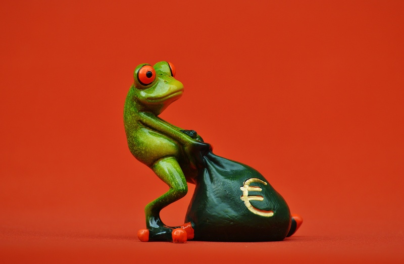 animal representation, money bag, reserves, fun, funny, reptile, studio shot, dinosaur, animal, frog, colored background, green, one animal, figure, toy