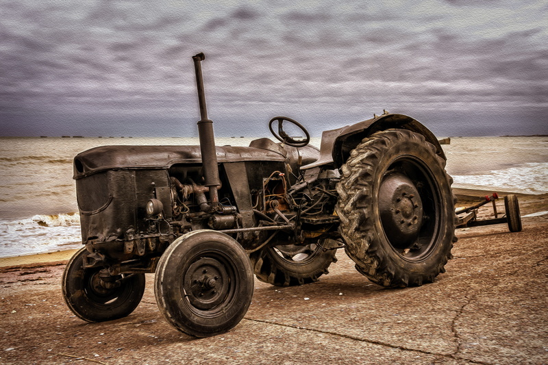 deterioration, working machine, ailing, abandoned, tire, old tractor, no people, parked, beach, historically, day, coast, motor vehicle, cloud - sky, tractor