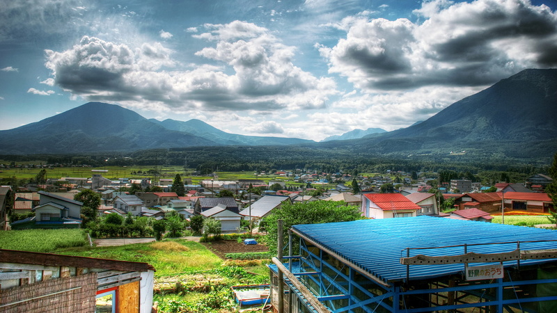 mountains, hd, hdr, landscape, town, houses, clouds, nature, 1080P