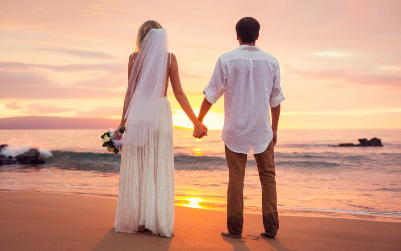 couple, sunset, hd, sea, love, beach, married, 2K