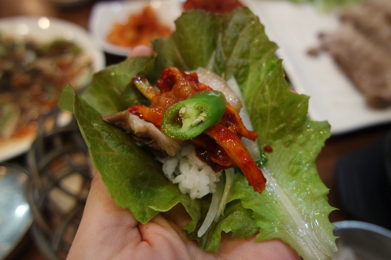 focus on foreground, food photography, eat, health, human body part, korean food, wine side dishes, ready-to-eat, vegetables, pork, ssam, republic of korea
