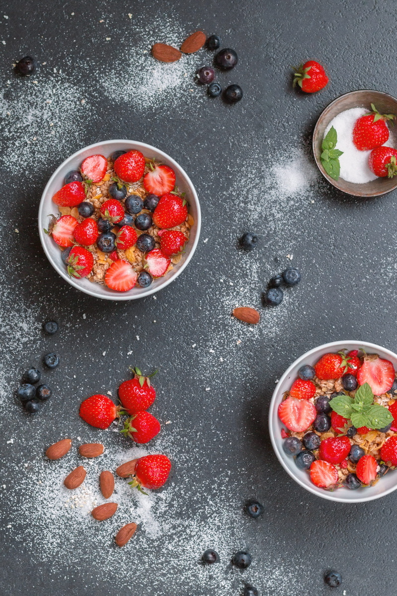 from above, muesli, healthy eating, red, vitamins, stone, 4K, healthy, fruits, high angle view, gray, strawberry, freshness, photography, studio shot