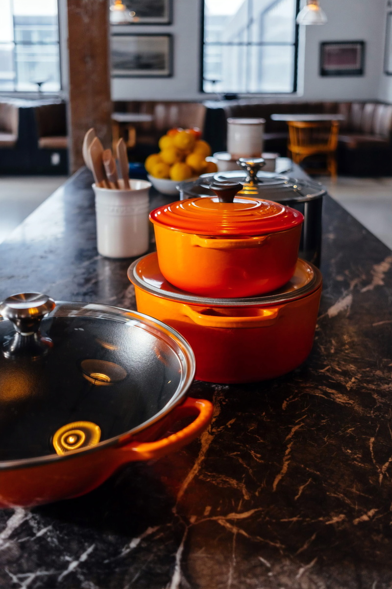 8K, bowl, container, dish, day, restaurant, orange color, pot, chair, shelf, metal, meal, close-up, cafeteria, heat - temperature, kitchen utensil, domestic room