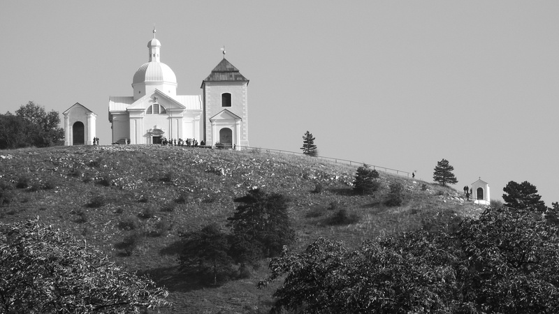holy hill, monument, b w photography, czech republic, a place of pilgrimage, religion, spire, sky, the past, chapel, outdoors, nature, church on the hill