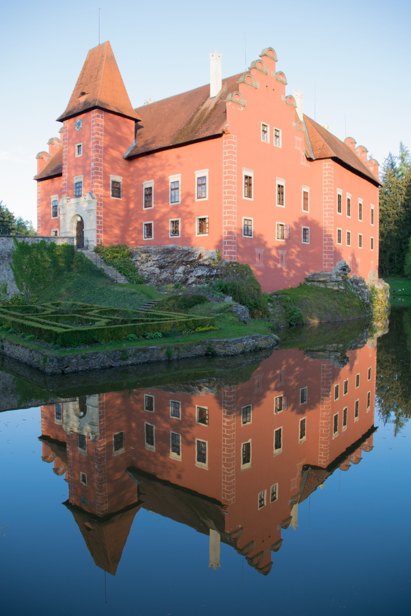 the past, history, reflection, building, castle, červená lhota, lake, tree, house, built structure, waterfront, south bohemia, city, nature, sky, no people