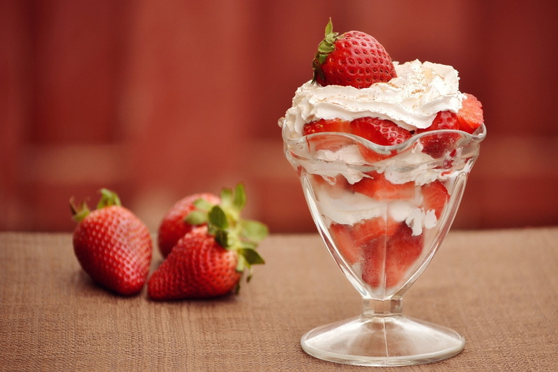 frozen food, red, indulgence, cream, freshness, strawberry, dessert, food, focus on foreground, ready-to-eat, fruit, ramekin, close-up, sweet food, glass