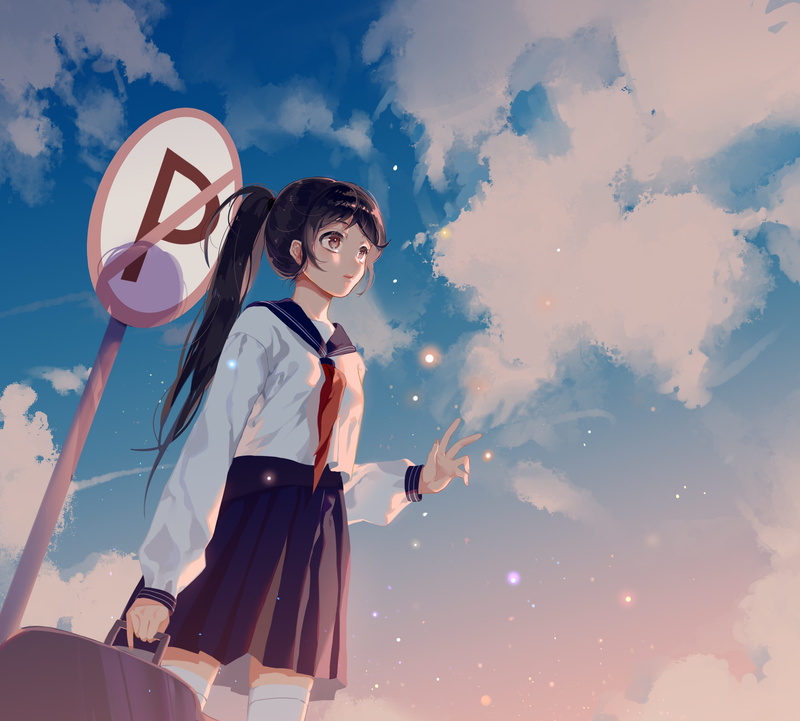 black hair, brown eyes, stockings, clouds, suitcase, white legwear, original characters, white stockings, long hair, anime, ponytail, anime girls, tie