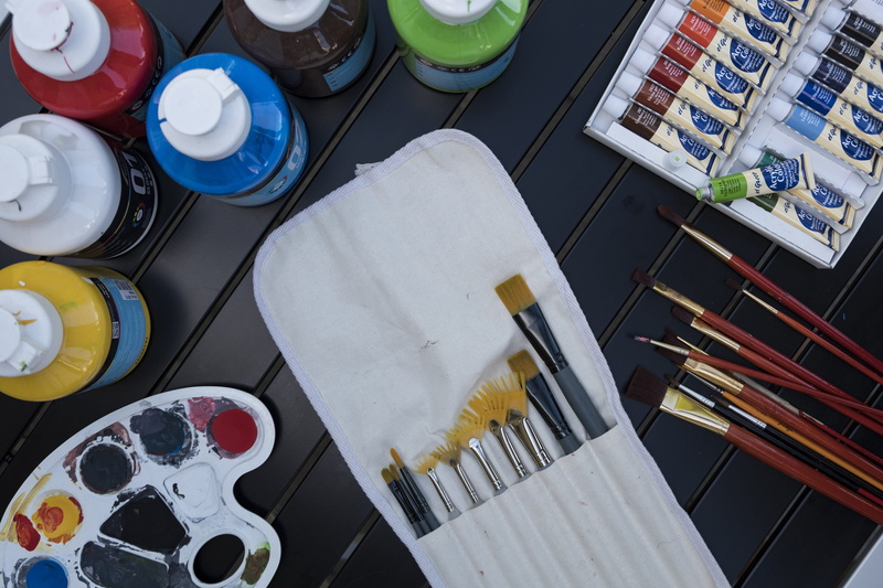 household equipment, directly above, still life, watercolour, creative, art, paint, photography, multi colored, box, painting, no people, choice, palette