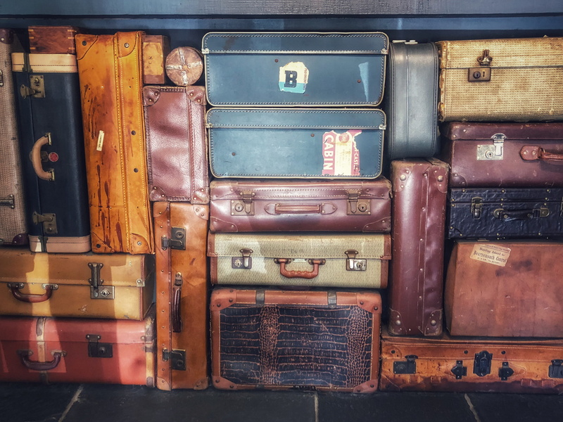 arrangement, luggage, suitcase, container, metal, bag, stack, low, old, packed, number, avon causeway hotel, stacked, furniture, vintage, hurn, label, united kingdom