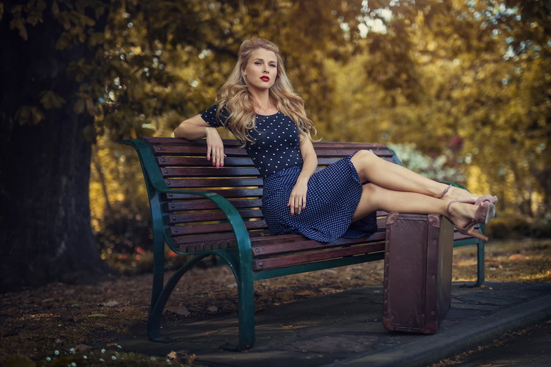 Vintage, sitting, 1080P, suitcase, midi, hairstyle, chair, armchair, hair, blond hair, outdoors, beautiful woman, looking at camera, beauty, seat, Park