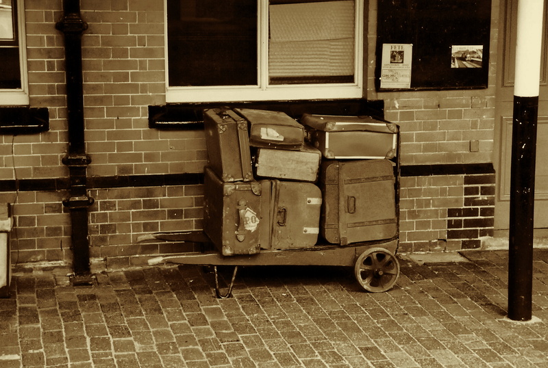 mode of transportation, classic, trip, building, building exterior, suitcase, retro, adventure, outdoors, excursion, brown, sepia, sepia picture, old, baggage