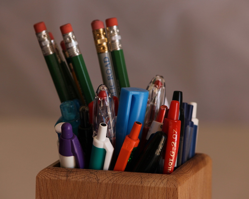 pens, high angle view, assorted, colorful, pen, close-up, brown, creativity, no people, indoors, writing instrument, art and craft, variety, graphite, desk organizer