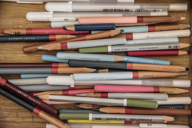 still life, many, collection, arrangement, pencil, indoors, painting, stack, publication, stationery, diversify, art and craft, wood - material, colour