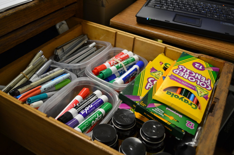 large group of objects, pen, indoors, laptop, felt pens, 4K, storage, box, text, choice, computer, school, technology, classroom, open, drawer, communication