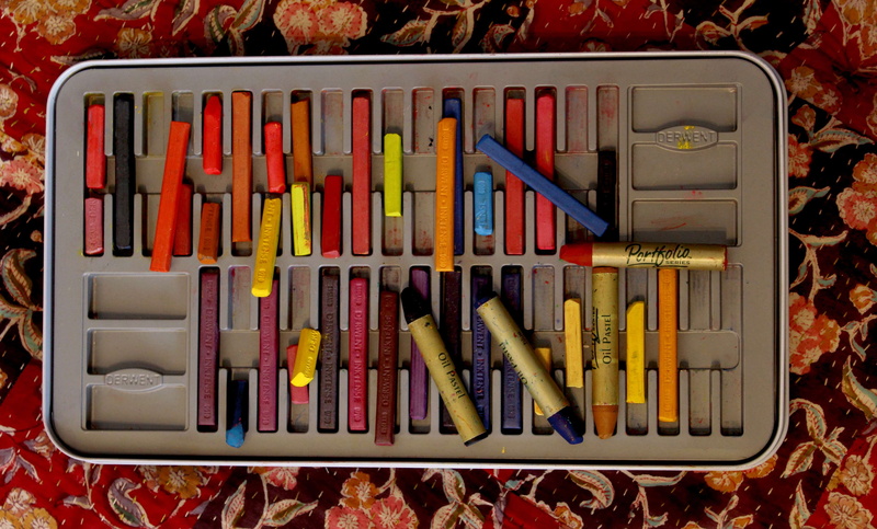 art, arrangement, pastels, still life, potfolio, close-up, colours, collection, container, colored pencil, outdoors, variation, box - container, directly above
