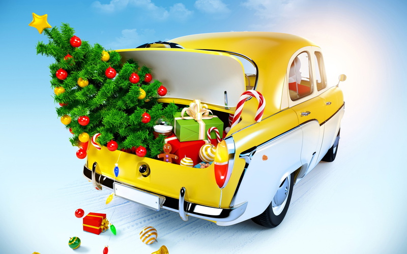 car, small, retro styled, christmas ornament, vacations, mode of transportation, multi colored, travel, luggage, motor vehicle, suitcase, land vehicle