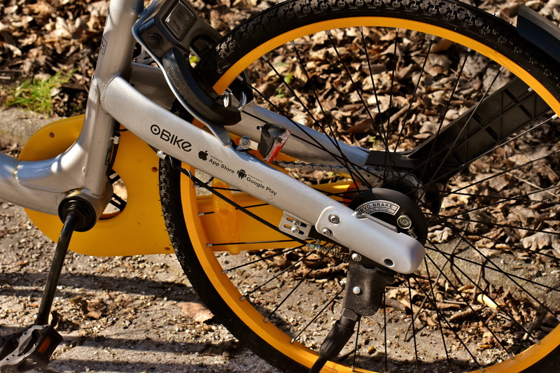 land vehicle, rental bike, obike munich, day, sunlight, bicycle, rent, high angle view, junkyard, tire, wheel, abandoned, metal, 5K, machinery, nature