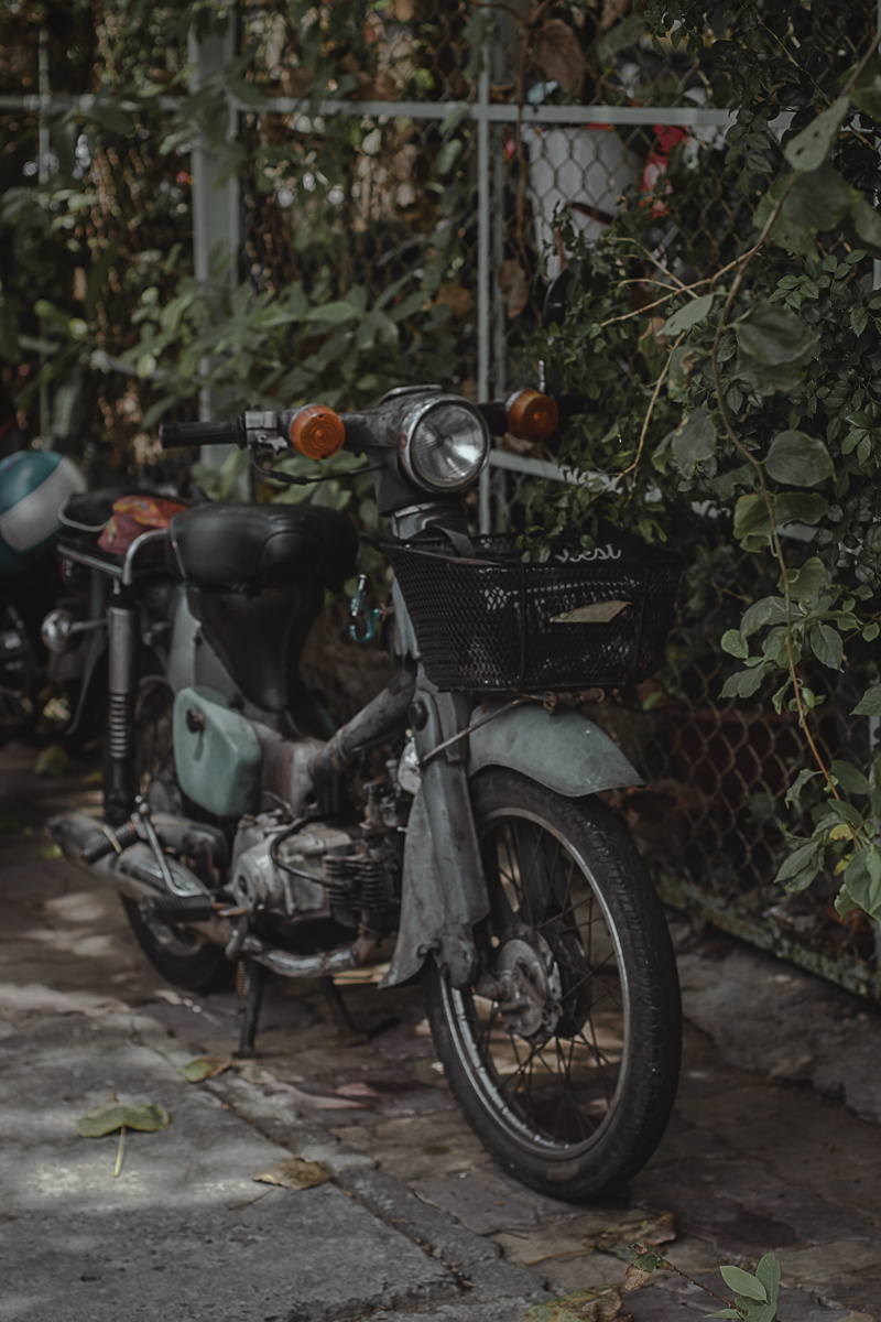 vespa, wheel, plant part, damaged, street, mode of transportation, deterioration, rent, bicycle, obsolete, bike, day, moped, stationary, steel, 5K, no people