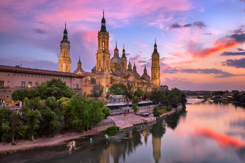 Aragon, Ebro, river, the city, Spain, bridge, building, 1080P, Zaragoza, tower, sunset, Basilica, dome, Cathedral