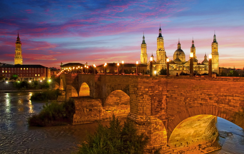 the river Ebro, stone bridge, Basílica de Nuestra Señora del Pilar, the sky, night, 1080P, lights, lions bridge, Spain, Zaragoza