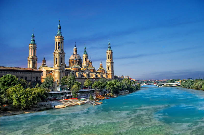Spain, built structure, blue, 1080P, building exterior, water, travel destinations, the sky, sky, outdoors, Basílica de Nuestra Señora del Pilar, clouds