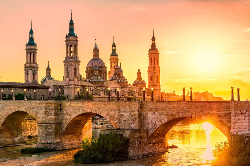 Spain, 1080P, bridge, Cathedral, Zaragoza, river, the sun