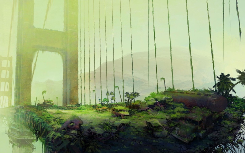 beauty in nature, golden, digital art, built structure, no people, green color, architecture, tranquility, abandoned, growth, gate, bridge - man made structure