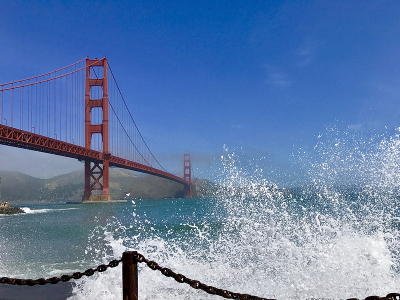 blue, city, états-unis, motion, water, travel destinations, suspension bridge, tourism, splashing, architecture, power in nature, sea, golden bridge, transportation