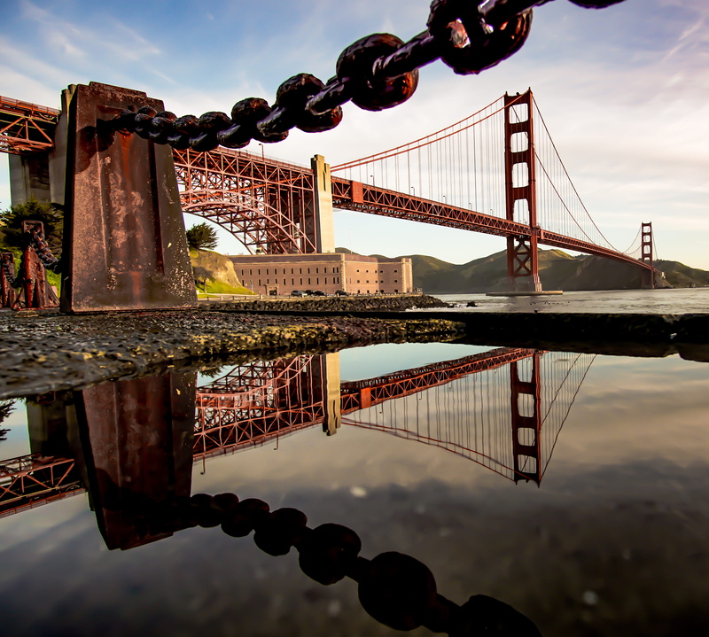 tourism, reflection, architecture, cloud - sky, san francisco, sunrise, day, bridge, water, nature, united states, river, connection, mood, golden gate