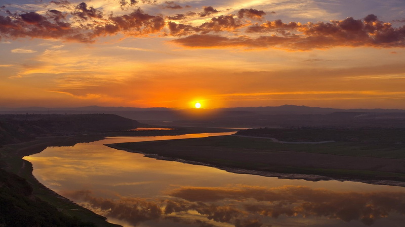 nature, 1080P, 3d and abstract, mirroring, beautiful, sun, orange, sunbeam, sunset, glow, photo, set, glare, end of day