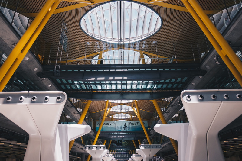 railing, ceiling, modern, no people, architecture, industrial, technology, low angle view, glass, building, madrid, flight, pattern, indoors, transportation