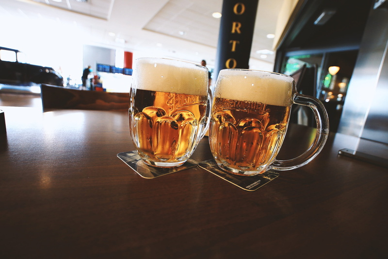 drink, table, mug, no people, glass - material, beer - alcohol, restaurant, food and drink, frothy drink, tray, beer glass, household equipment, two, focus on foreground