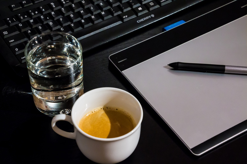 white, keyboard, drink, food and drink, small group of objects, table, wacom, profession, computer equipment, still life, 5K, no people, freshness, glass