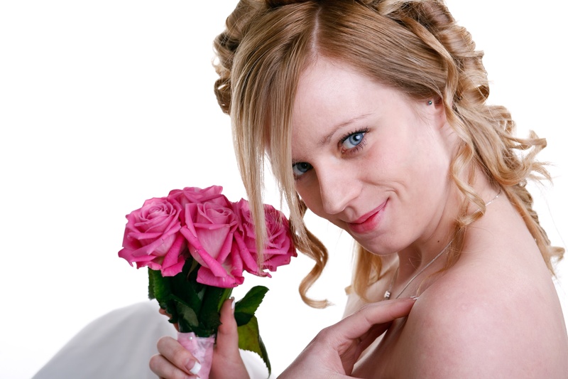 headshot, bridal, wedding, 4K, smile, beautiful woman, happy, white background, lifestyles, female, plant, bouquet, smiling, hair, holding, rose, love