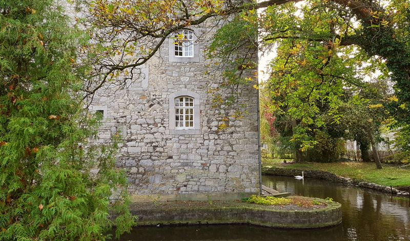 romantic, historically, stone material, solid, moat, belgium, stones, 2K, history, gray, park, fall foliage, house, tree, nature, castle route, concrete