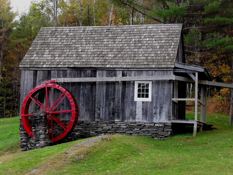 red, building exterior, water wheel, scenic, building, natural, architecture, wood - material, outdoors, nature, grass, season, green, land, abandoned