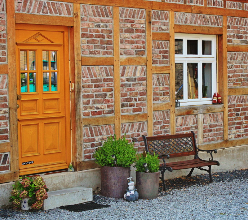 wood, facade, building, table, wooden, seat, residential district, entrance, 2K, potted plant, house, bar, bench, plant, window, brown, entrance door