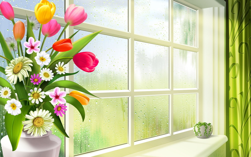 digital, art, petaled, flowers, 1080P, window, white, vase, pink, yellow, beside, glass, bouquet