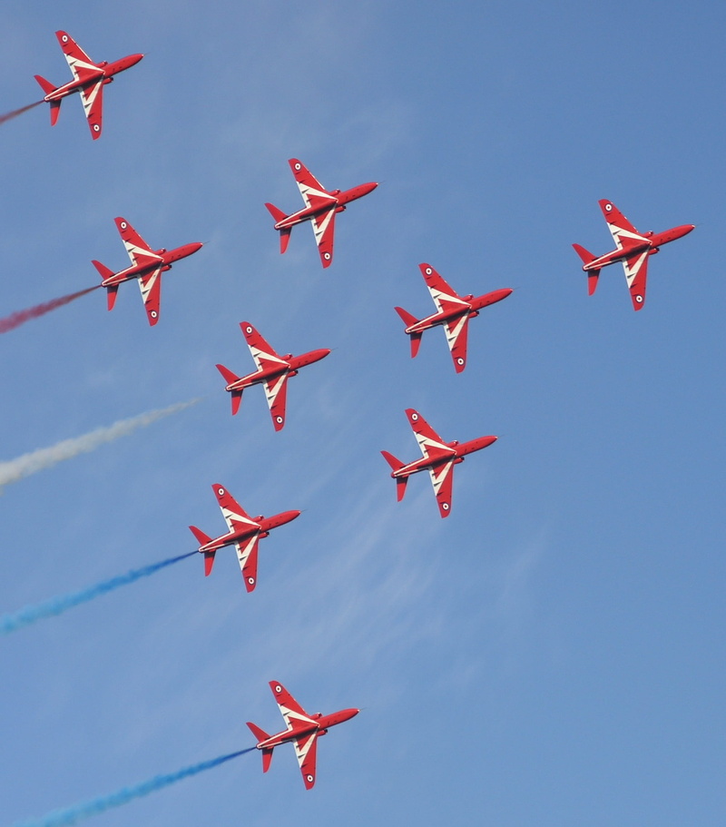 blue, flying, aeroplane, group of animals, armed Forces, aerobatic, red, jet, sky, show, military, low angle view, fly, animal, speed, air Vehicle, arrangement