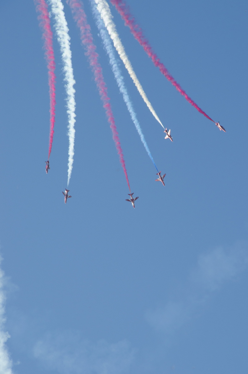 order, low angle view, raf, smoke - physical structure, flying, airshow, royal, cloud - sky, transportation, red arrows, sports activity, british, aviation