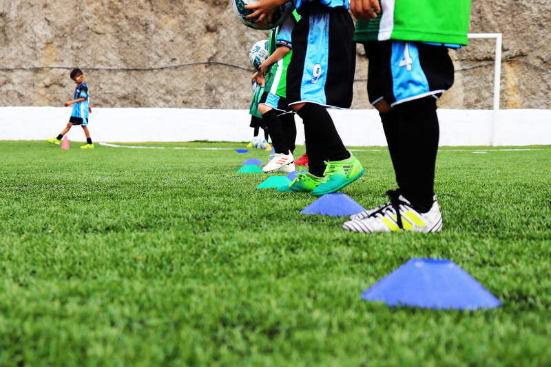 group of people, lifestyles, green color, kids, playing, boy, football, real people, plant, exercising, soccer, standing, women, kid, adult, grass, day