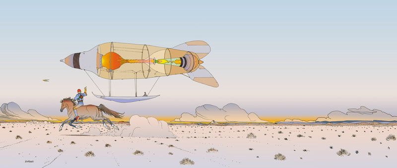 artwork, kite - toy, men, travel, comics, adventure, land, fun, day, sky, one person, full length, Mœbius, nature, adult, vacations, copy space, motion