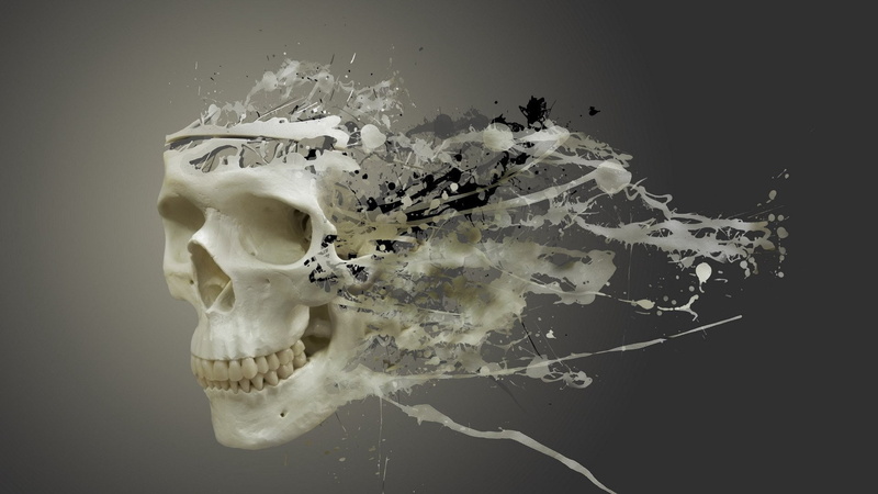 bone, broken, studio shot, damaged, digital art simple background skull teeth gray background paint splatter artwork, food, misfortune, black background