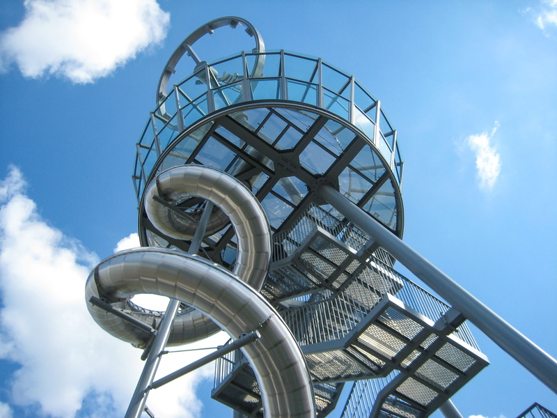 weil am rhein, blue, sky, spiral, 2K, outdoors, metal, steel mesh, shape, built structure, low angle view, cloud - sky, city, sculpture, no people, modern