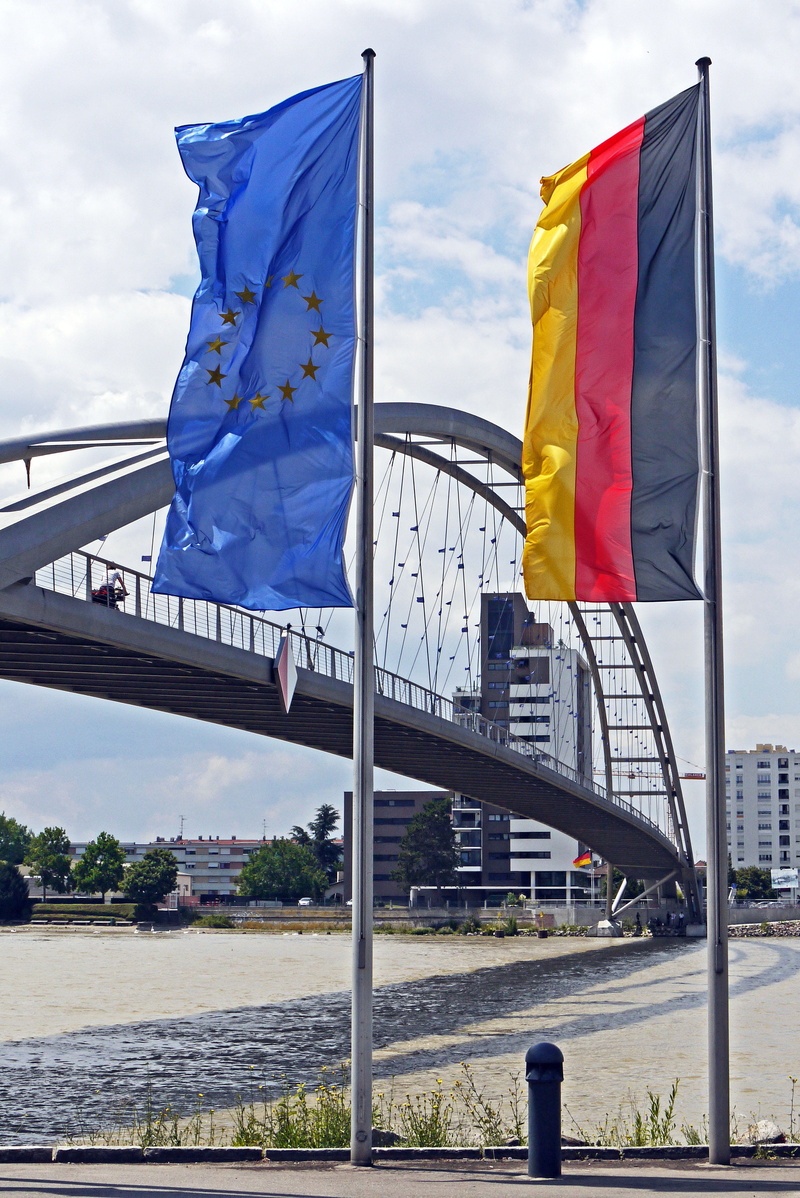 built structure, flag, europe, building exterior, river, day, connection, weil am rhein, sky, wind, germany, no people, patriotism, rhine, three countries bridge