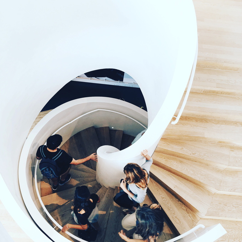 germany, descending, indoors, water, wood - material, people, lifestyles, sitting, vitra, spiral stairs, group of people, architecture, white staircase