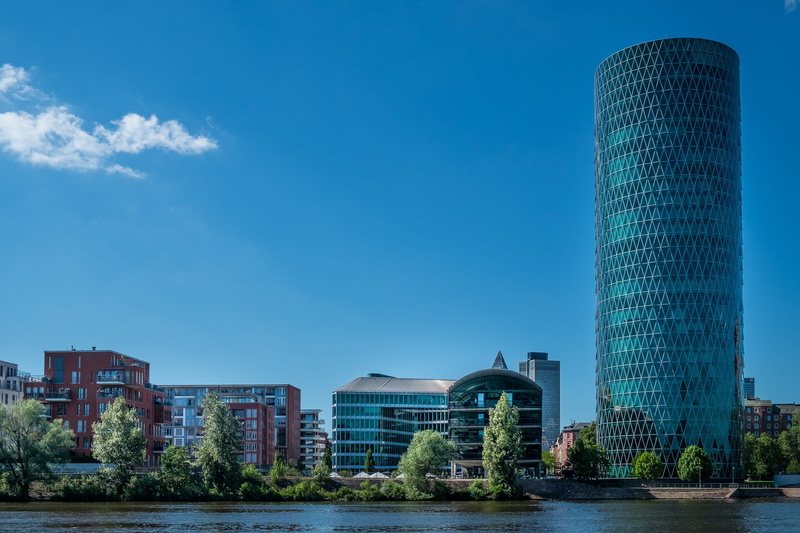 frankfurt am main germany, town center, travel destinations, bridge, river, messeturm, 1080P, business, sky, urban Skyline, blue, office building exterior