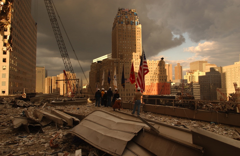 2001, outdoors, new york, ny, near, sky, office building exterior, day, nyc, building, flag, real people, clean up, ground zero, architecture, debris, terrorism